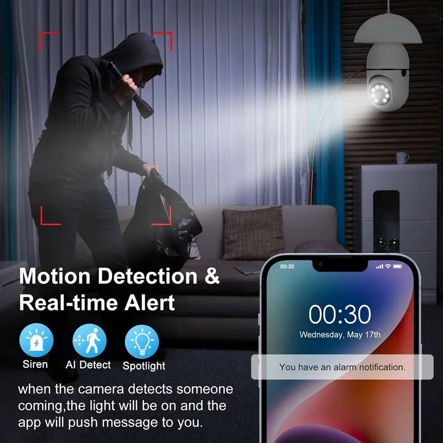 Smart Bulb Security Camera 360° WiFi with Night Vision & Motion Tracking