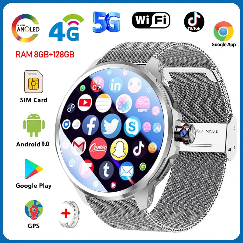 5G/4G Full Network Smart Watch 1.95 inch 720*720 Big Screen HD Video Call 8GB+128GB RAM 2100 mAh Google Play WIFI GPS Smartwatch