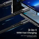100W Fast Charging Cable Multi Charger Cable Nylon Braided Multiple USB Universal 3 in 1 Charging Cord Adapter with Type-C Micro