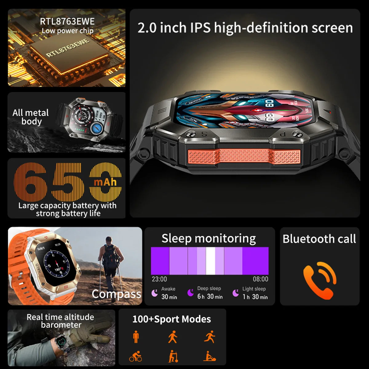 2025 Three Defense Military Men's Smart Watch lP68 Waterproof Outdoor Sports Large Screen Bluetooth Voice Call Smartwatch Gift