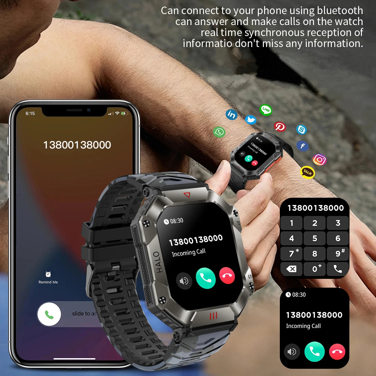 2025 Three Defense Military Men's Smart Watch lP68 Waterproof Outdoor Sports Large Screen Bluetooth Voice Call Smartwatch Gift