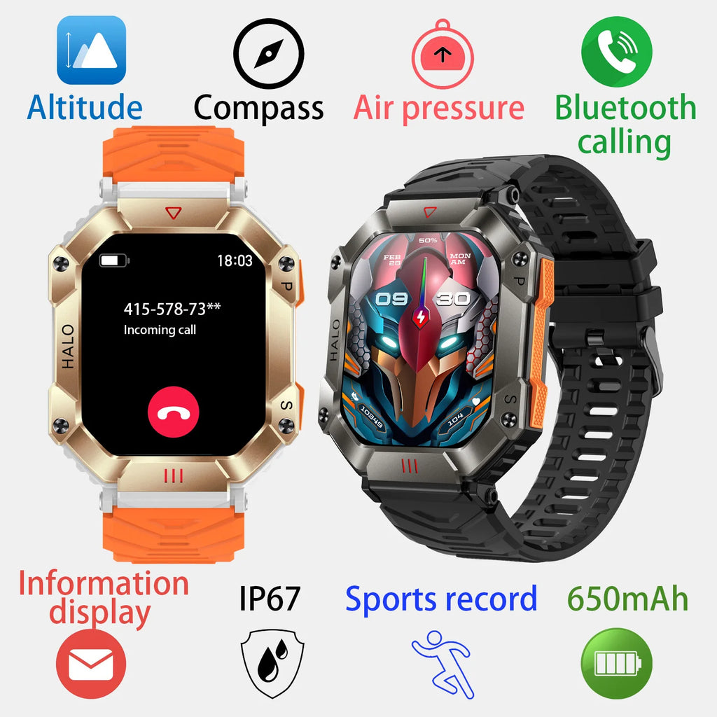 2025 Three Defense Military Men's Smart Watch lP68 Waterproof Outdoor Sports Large Screen Bluetooth Voice Call Smartwatch Gift
